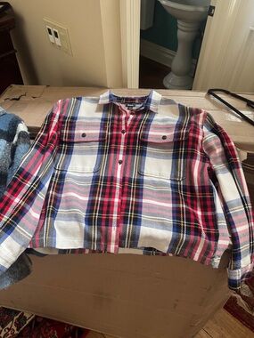 Roots Plaid Button-Up Shirt Jacket in Blue, Red & White